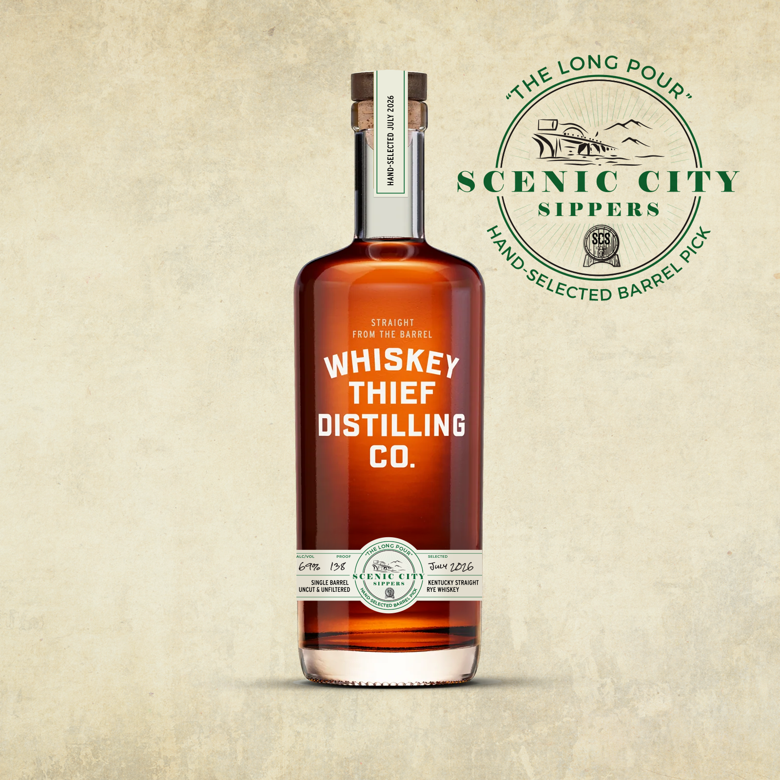 The Long Pour — a 14 year old rye whiskey bottle from Whiskey Thief Distilling Company, Scenic City Sippers barrel pick